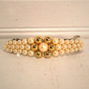 Vintage hair Barrette beaded pearl ivory gold Flower